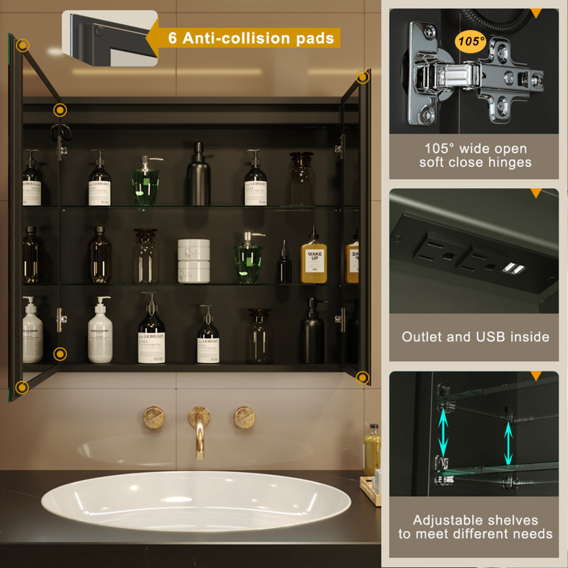 28"H x 31"W LED Lighted Bathroom Medicine Cabinet with Mirror,Defogger,Dimmer,Outlets & USBs, 28" H x 31" W x 5" D