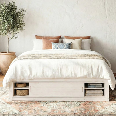Queen Size Platform Bed Frame, 4 Under Drawers, Storage, No Headboard, Antique White, Reliable Support Bed, Space Design, Storage White