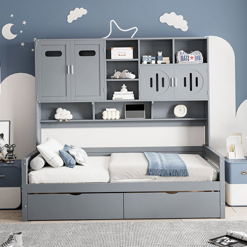 Twin Size Wooden Daybed With 2 Drawers, and All-in-One Cabinet and Shelf, Gray, Gray, Twin