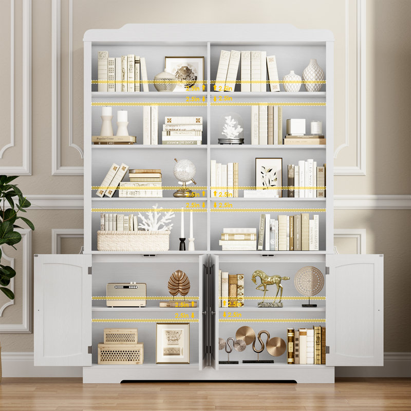 Ariel 73.1"H Bookcase With Cabinets, Freestanding Cabinet With Adjustable Shelves, Wood Storage Standard Bookshelves, White