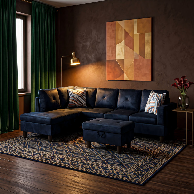Canapé modulaire rembourré réversible avec repose-pieds, Midnight Blue Flannel, Left Hand Facing