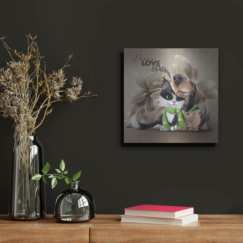  «Sly Kitten And Happy Puppy» par Kajenna, art mural en métal, 12 po x 12 po, H 12 po x l 12 po