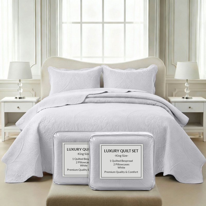6 Pcs Floral Embossed King Bedspread Set-Lightweight Soft Microfiber Quilt Bedding With Pillow Shams, White