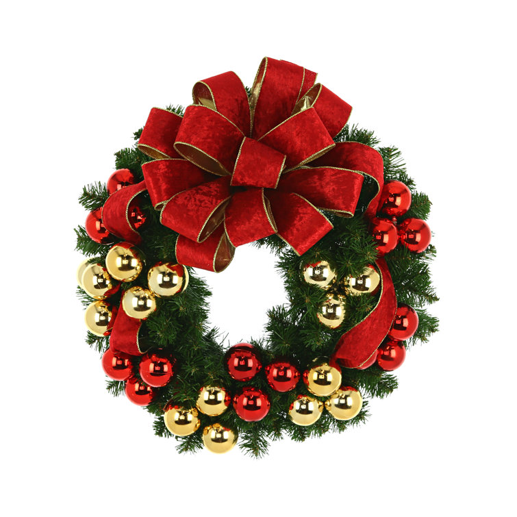 Handmade Christmas Evergreen Wreath With Red Ornaments, And A Big