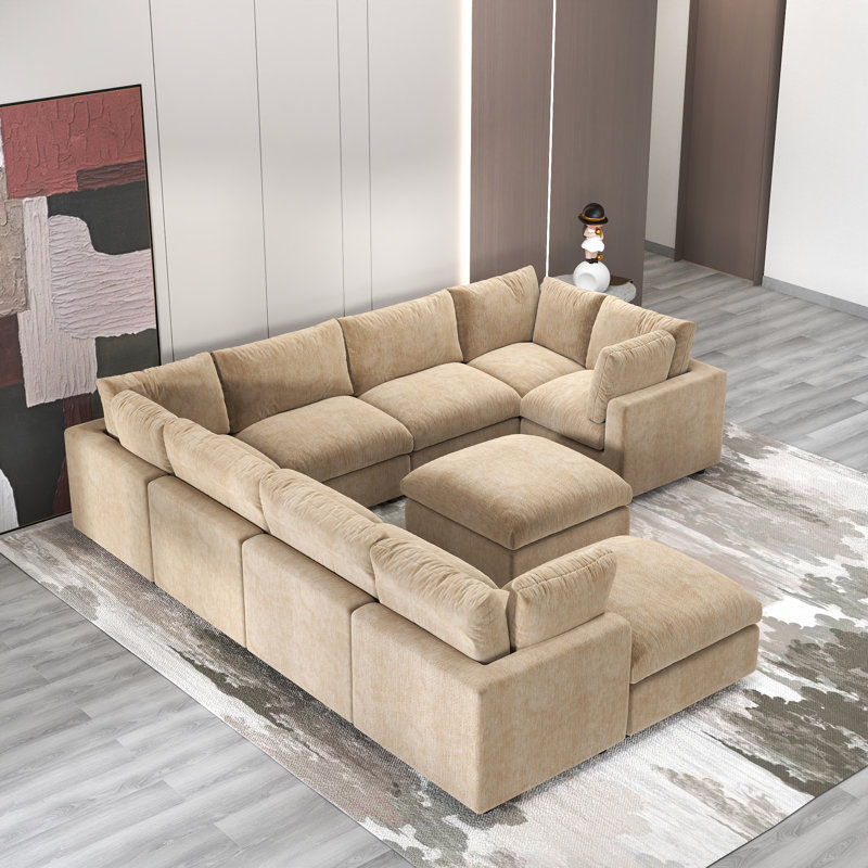 Kessi 10-Piece Upholstered Modern Chenille Fabric Modular Sectional Sofa With Ottoman, Khaki Chenille