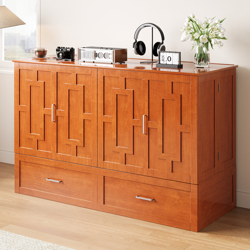 Lark Manor Queen Murphy Bed, Smart Cabinet Bed with USB Charging Station, Storage Drawers for Home, Cherry