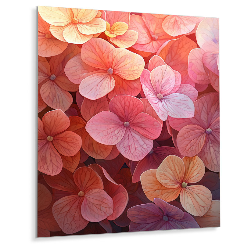 Hydrangeas in the Sunset Glow I - Hydrangea métal, art mural pour le salon, H 20 po x l 12 po