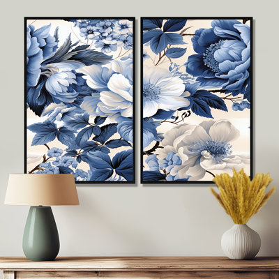 Blue And White Flower Radiance  - Large Floral Art Prints On Canvas 2-Pieces