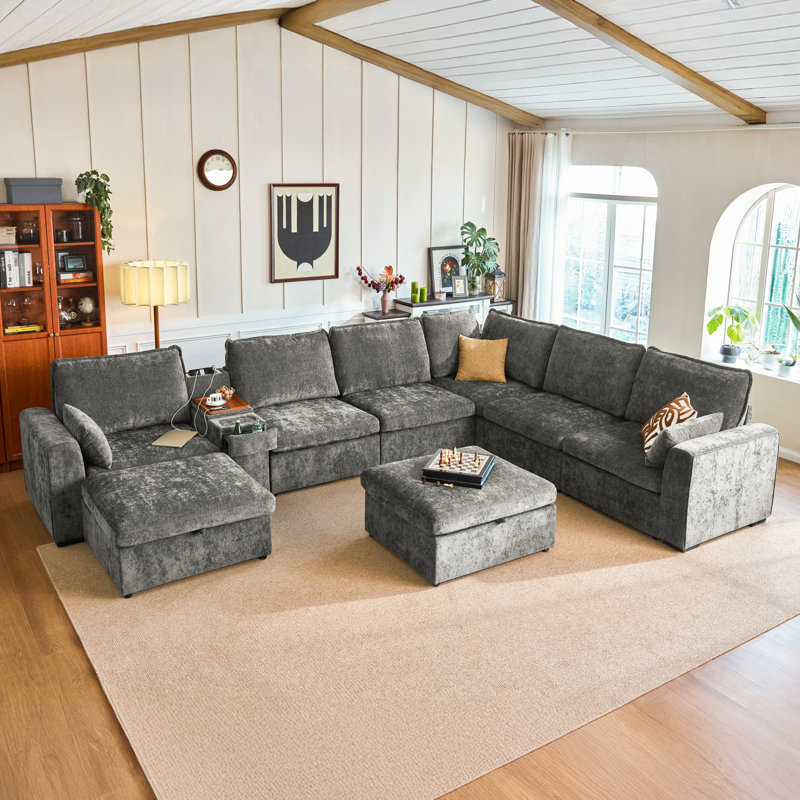 U-shaped 8-seater Oversized Modular Sofa Set Chenille Cloud Couch With Versatile Console, Side Table With Charging Storage Cup Holder