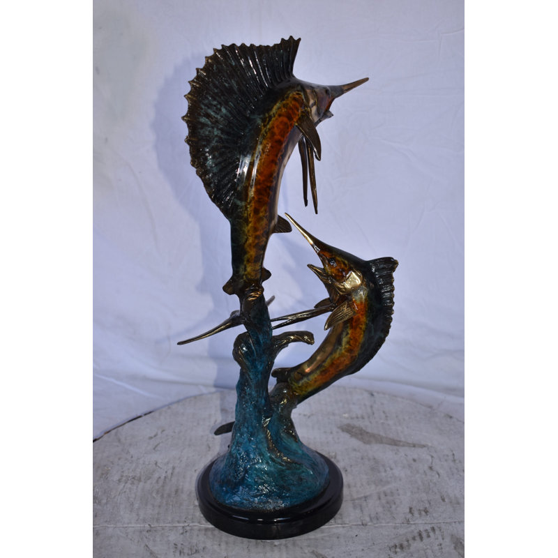 Two Swordfish Swimming In The Ocean Bronze Statue - Size: 11"L X 10"W X 22"H.