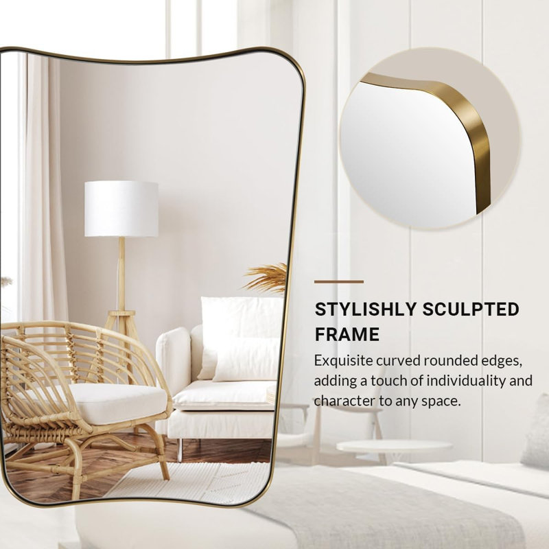 Contemporary Concave Scalloped Irregular Bathroom Vanity Mirror | Stainless Steel Frame, 30" x 24", Brushed Gold