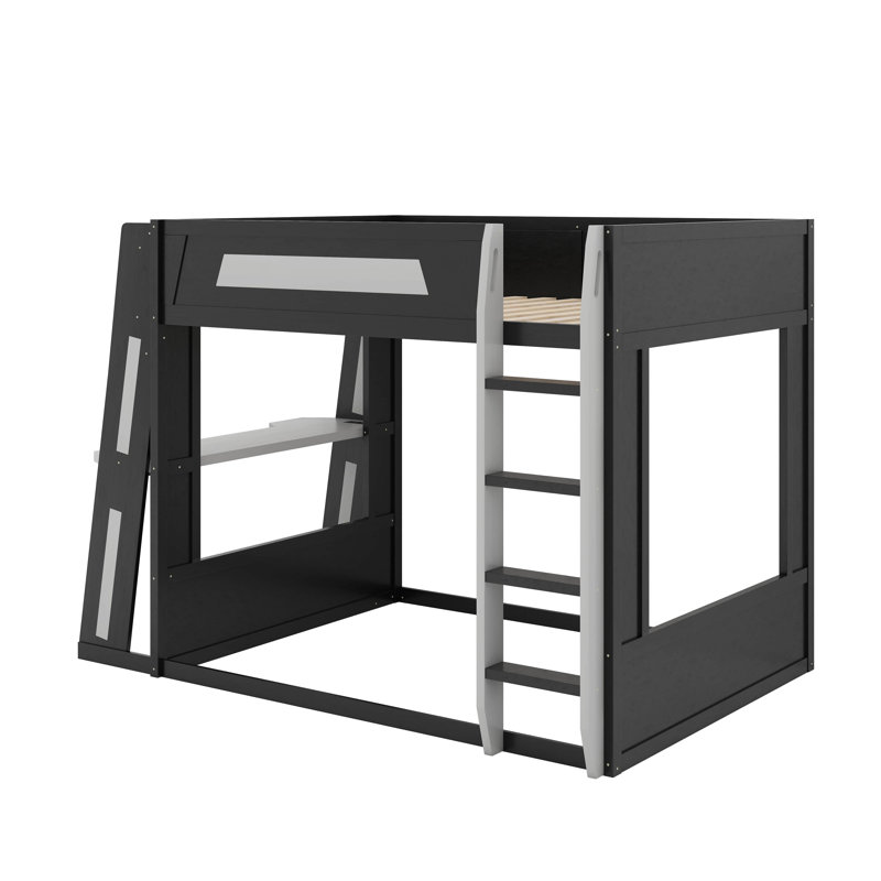 Grand lit superposé en bois avec bureau, tablettes, lumière USB et DEL, Noir/gris, Grand sur grand