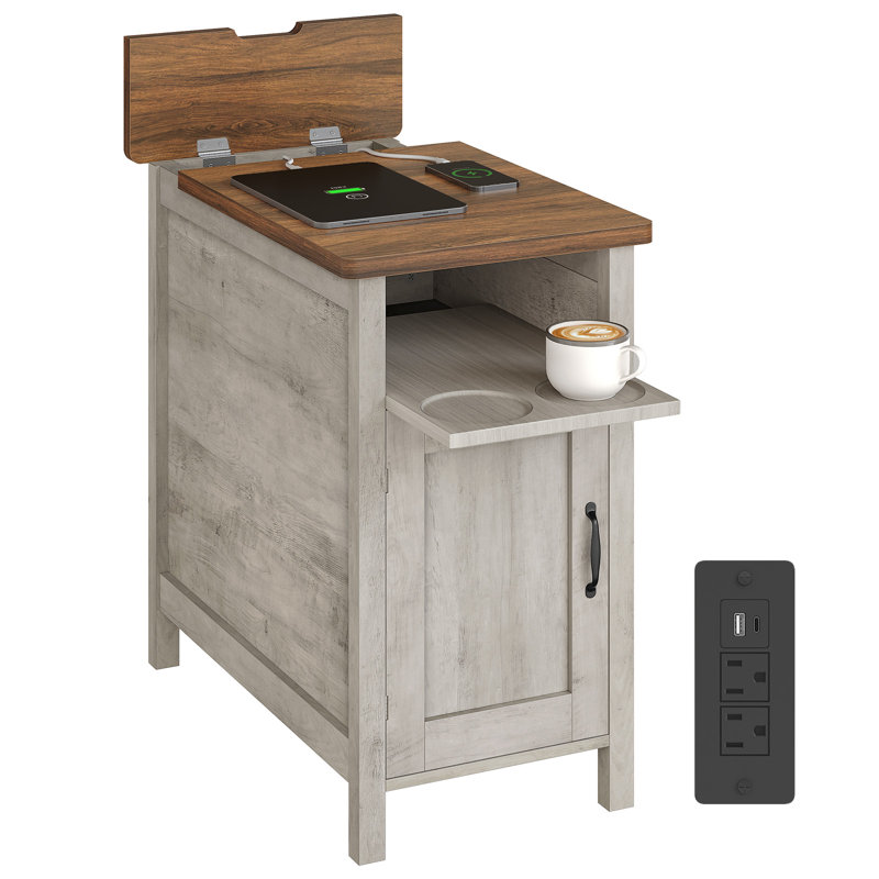 Table d'appoint de 24 pouces avec station de recharge et rangement, table d'appoint de style champêtre avec porte-gobelet pour petits espaces