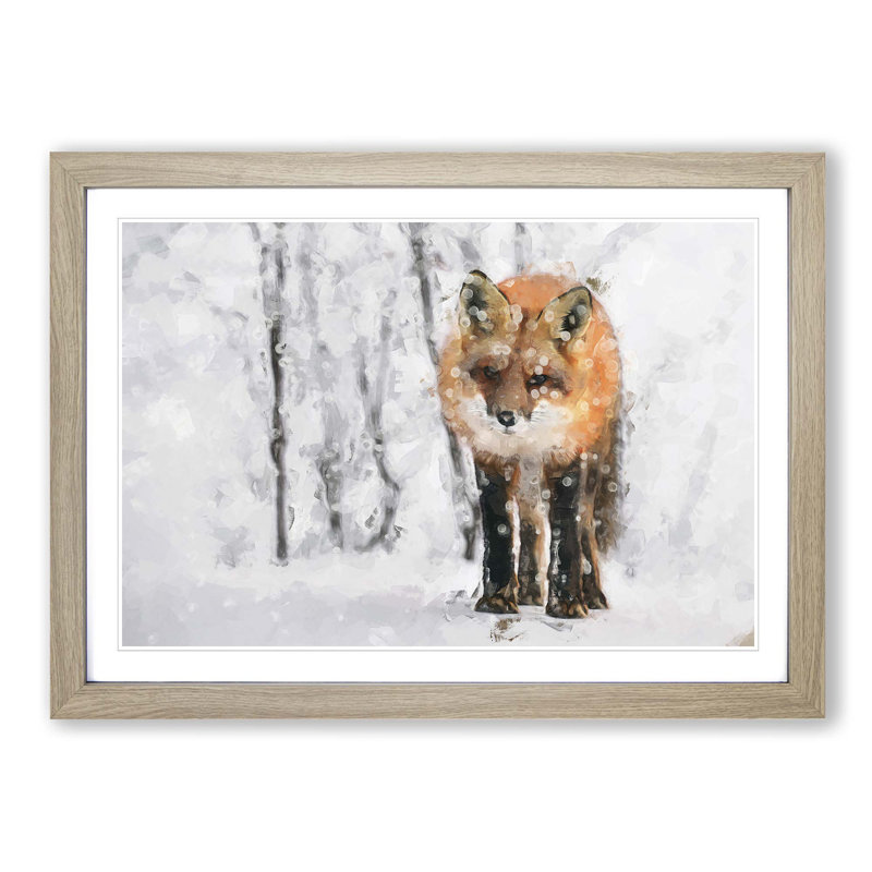 Red Fox in a Winter Forest in Abstract - Picture Frame Painting Print on MDF, 36cm H x 48cm W x 2cm D, Oak Framed