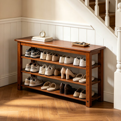 Shoe Storage Bench, Solid Wood 3-Tier Adjustable Shelves, Modern Walnut Entryway