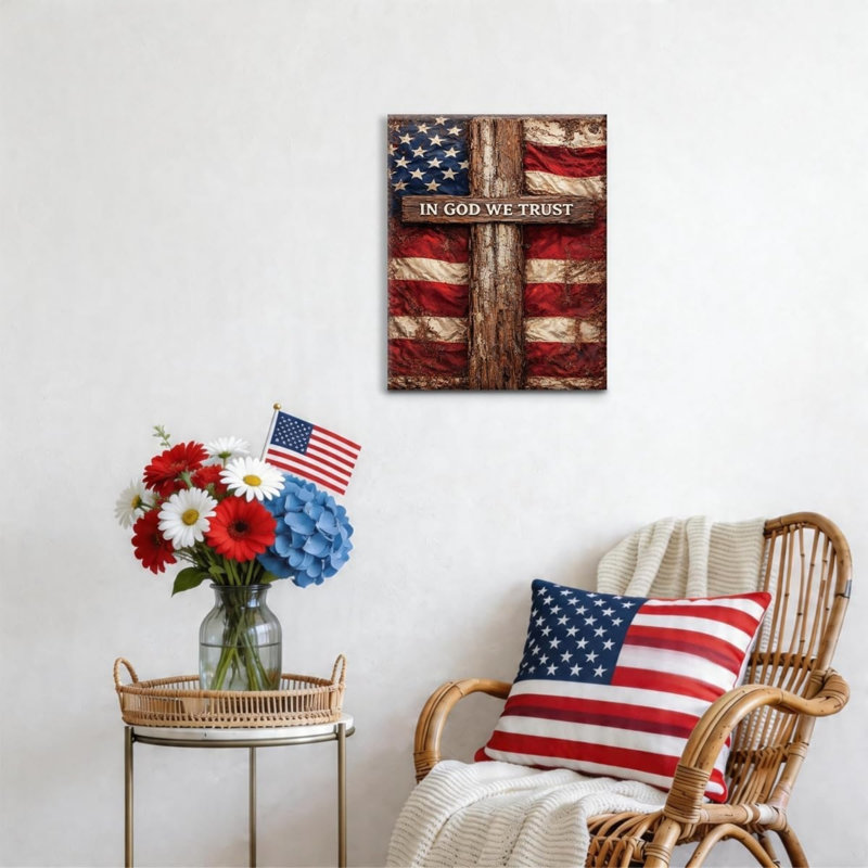 Drapeau américain en bois en croix «In God We Trust», art mural sur toile 8 x 10 po