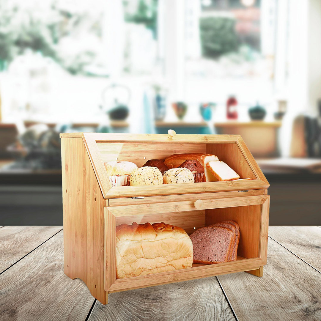 Double Decker Bamboo Bread Bin 2-Layer Bread Box Eco-Friendly Kitchen Storage Box With Lid For Freshness Natural, Organi...