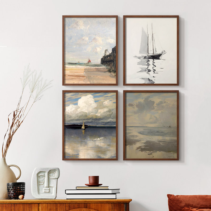 «Vintage Nautical Print XX», ensemble de 4 reproductions encadrées, Noyer, H 10 po x l 32 po
