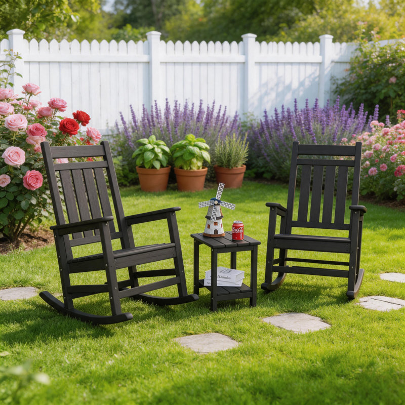 Black Wooden Patio Rocking Chair Set with Side Table, 3-Piece