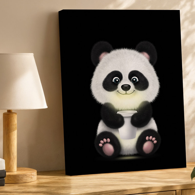 Toile, un joli panda de style dessin animé avec de la fourrure noire et blanche moelleuse est assis dans un environnement sombre tenant une tasse brillante pour l'art mural moderne sur toile