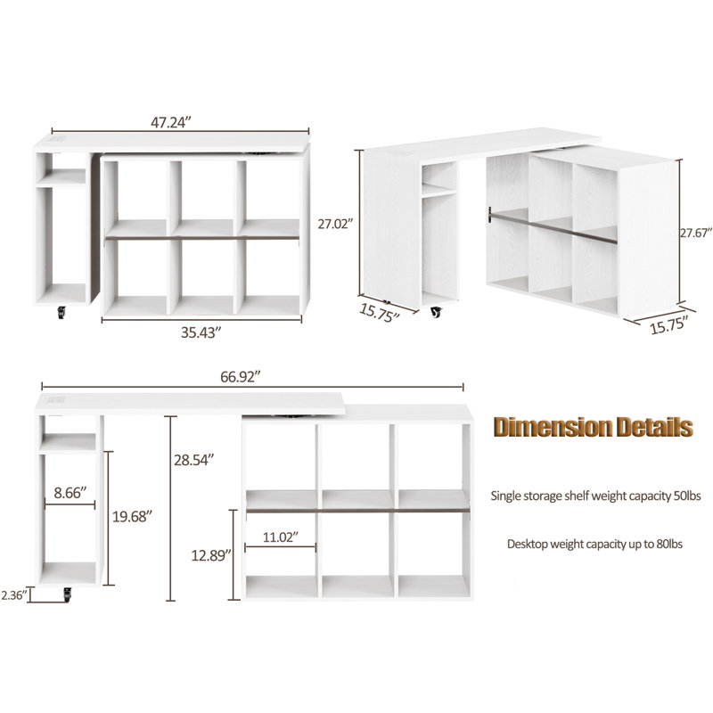 Bureau en L 67 po noir avec station de charge et plateau tournant à 360 °, bureau d'ordinateur multifonctionnel pour le bureau, la chambre à coucher et le salon