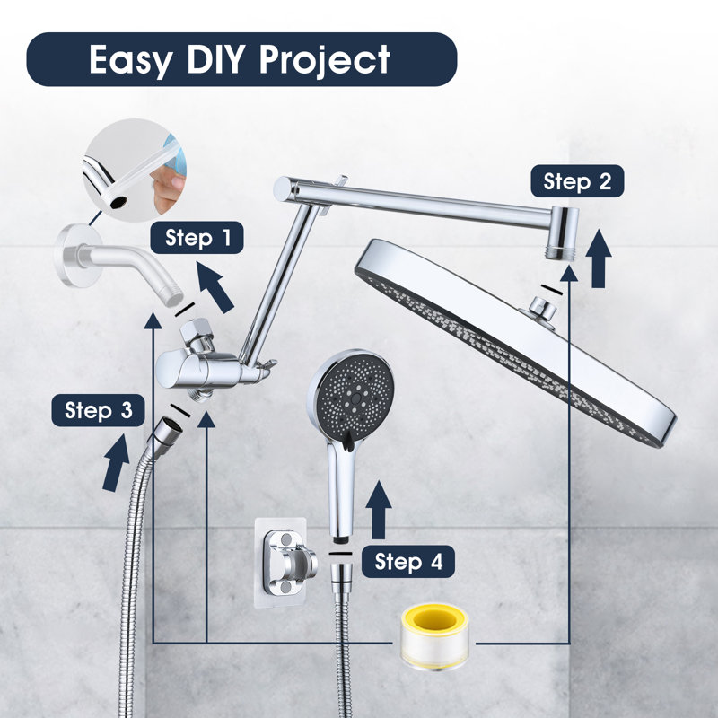 14 Inch Rain Shower Head With 5+1 Settings Handheld Spray Combo, Chrome