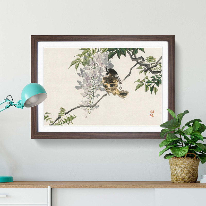 Sparrow on a Branch by Kono Baireir - Picture Frame Painting Print, 27cm H x 36cm W x 2cm D, Walnut Framed