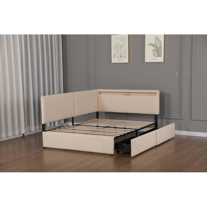 Cadre de lit infonuagique rembourré avec tête de lit, 2 tiroirs de rangement, éclairage DEL et port USB de chargement, pieds et lattes en bois massif, sommier non requis, tête de lit à droite
