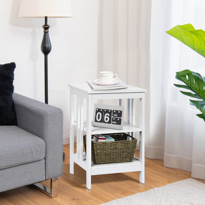 3-Tier Wooden End Table with Side Bars, White