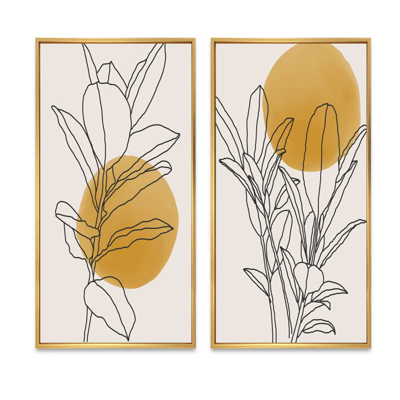 Branche botanique jaune avec feuilles I - ensemble de 2 peintures, H 40 po x l 40 po, Impression encadrée, Doré