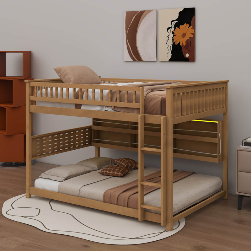 Lit superposé en bois avec lumières à changement de couleur, lit avec tablettes intégrées, panneau perforé, Brun