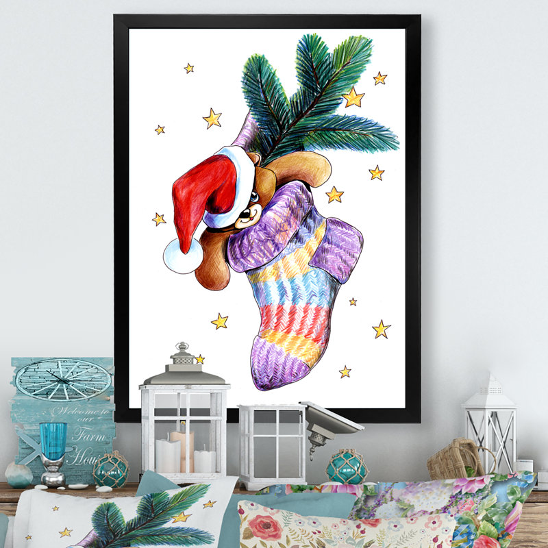Teddy Bear In Christmas Socks " Teddy Bear In Christmas Socks ", Black Picture Framed, 20" H x 12" W x 1" D