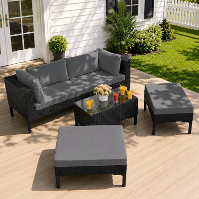 ANSCHAUN 5-Piece Outdoor Wicker Patio Conversation Set with Aluminum Frame, Modular Sectional Sofa with 2 Corner Sofas, 2 Ottomans & Coffee Table, Plush Cushions, Stackable Rattan Furniture for Patio, Poolside, Garden - Black/Gray
