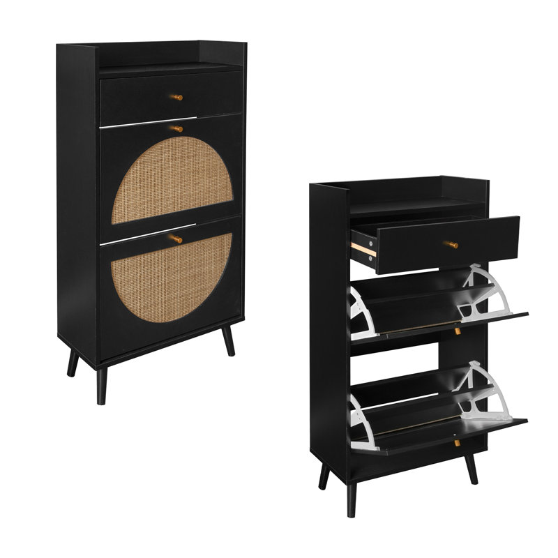 Modern Rattan Allen 2-Door Shoe Rack With 1 Drawer - Double-Layered Entryway Cabinet For Shoes And Accessories, Black
