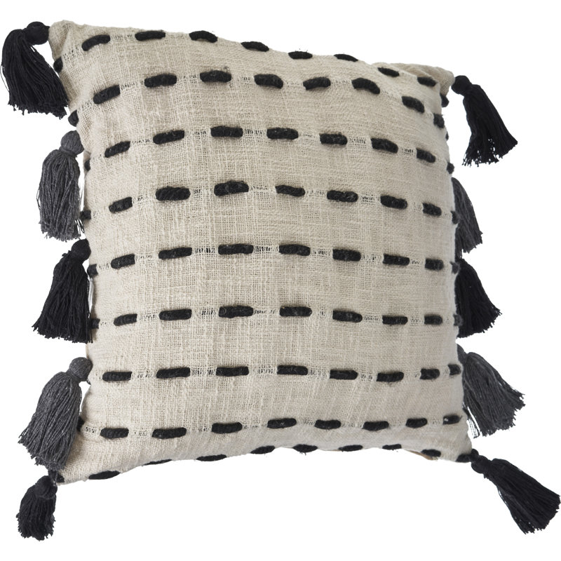 Square Black and Cream Embroidered Tasseled Throw Pillow