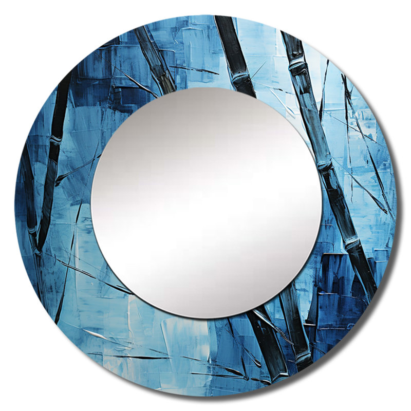 Safila Serenity In Wild Blue Bamboo III - miroir décoratif en bambou, miroir mural rond bleu, impression d'art en métal