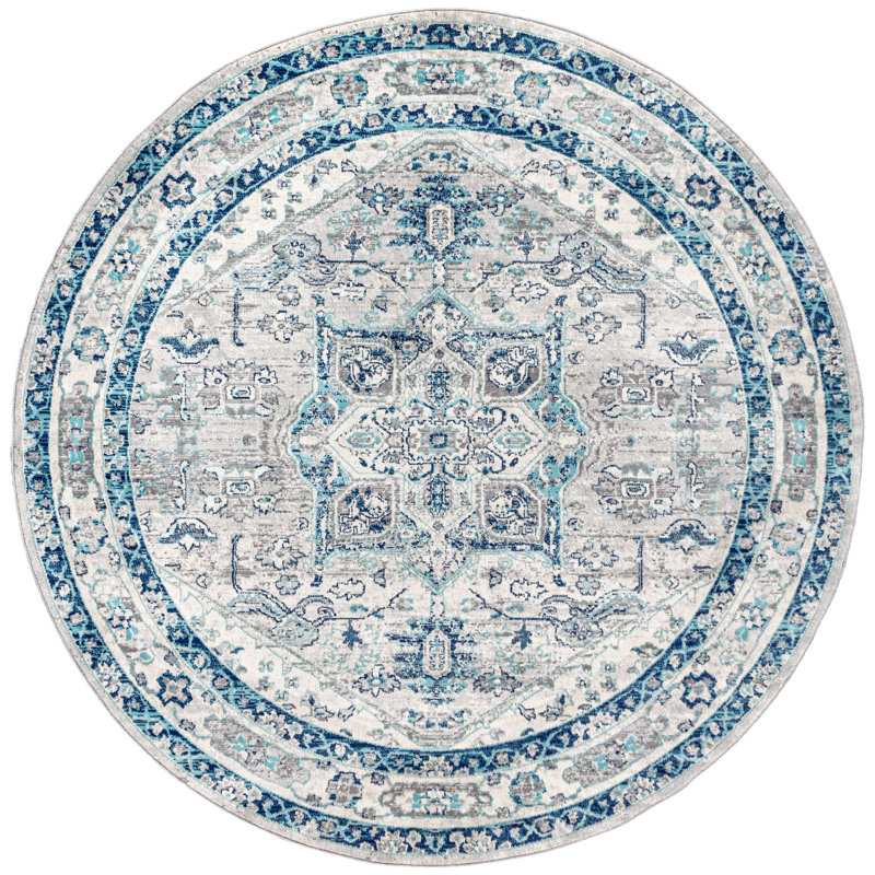 Tapis gris clair / bleu clair à motif médaillon persan Lazaro, Rond 5 pi