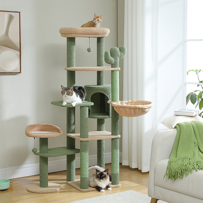 Arbre à chat cactus, grand arbre à chat pour chats d'intérieur, tour à chat pour grands chats, tour à plusieurs niveaux, condo avec hamac, grattoir, un