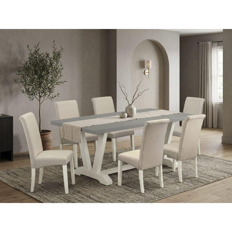 Ensemble de table rectangulaire 7 pièces avec table rectangulaire en ciment et 6 chaises de cuisine en lin crème brossé blanc brossé