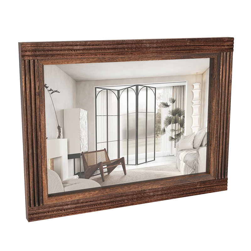 Miroir de salle de bain plat en bois massif, brun, 32 po x 24 po