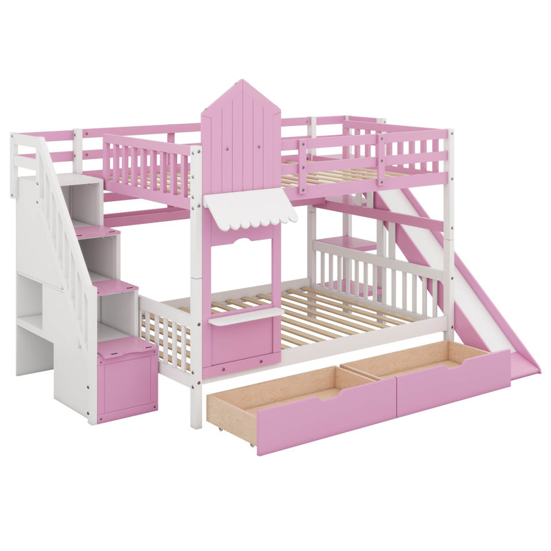 Lit superposé double au-dessus de double avec escalier et glissade, lit superposé en bois avec tiroirs et tablettes, lit superposé de style château