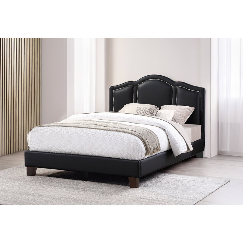 Lit double noir avec similicuir Verve, structure en bois brun Grace