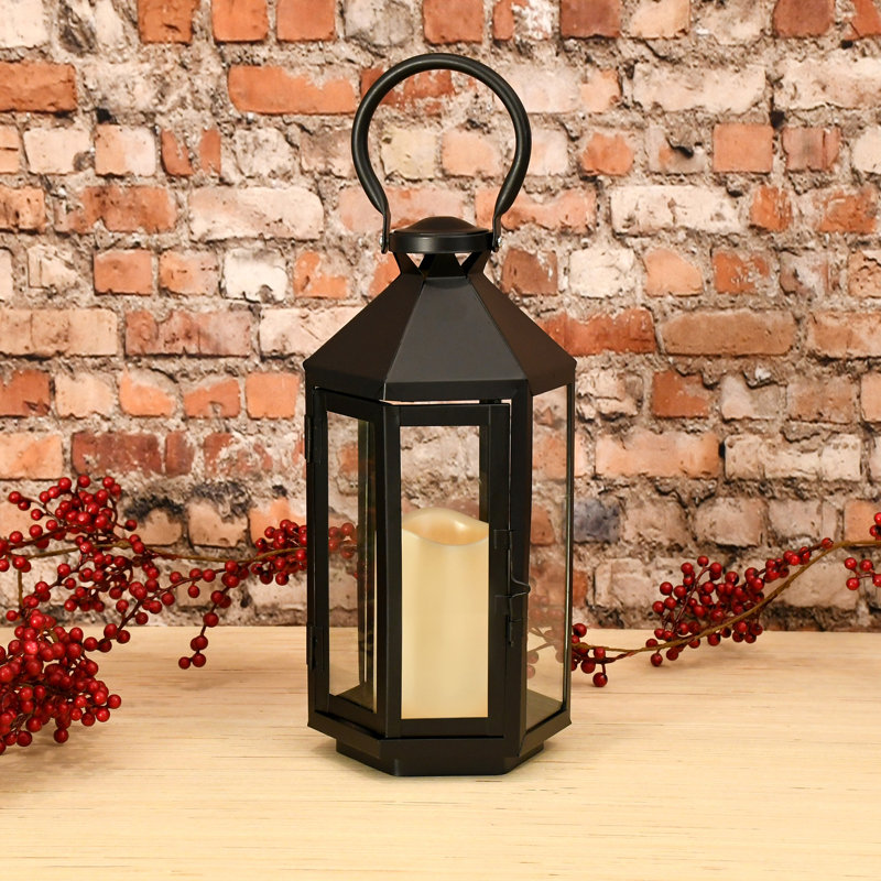 Black Hexagon Metal Lantern with Amber LED Candle