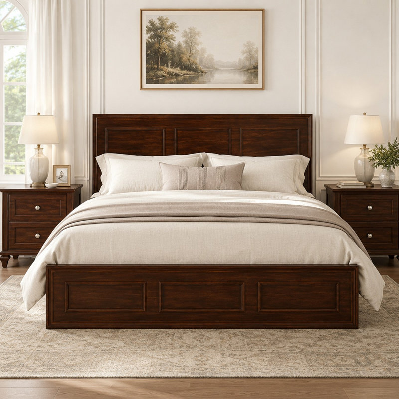 Queen Size Solid Platform Bed with Adjustable Height Headboard, Rectangular Panel Footboard, Walnut
