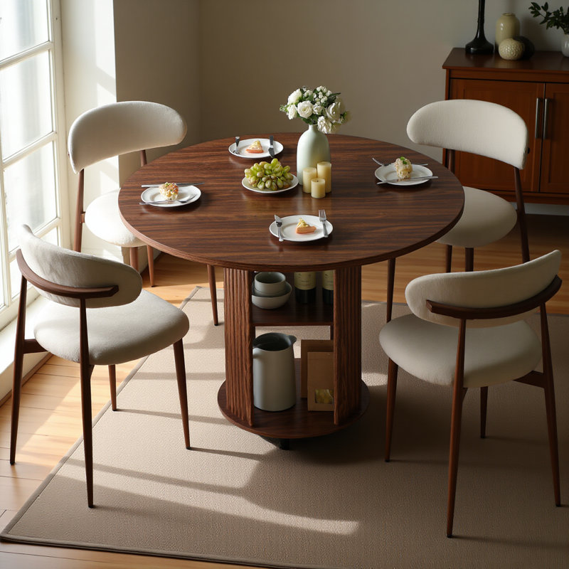 47.24" Round Dining Table (serves 2–4) With Two Dining Chairs Blends Modern And Farmhouse Styles, Featuring A Double-tiered Storage Shelf, Suitable For Dining Rooms Or Living Spaces.walnut