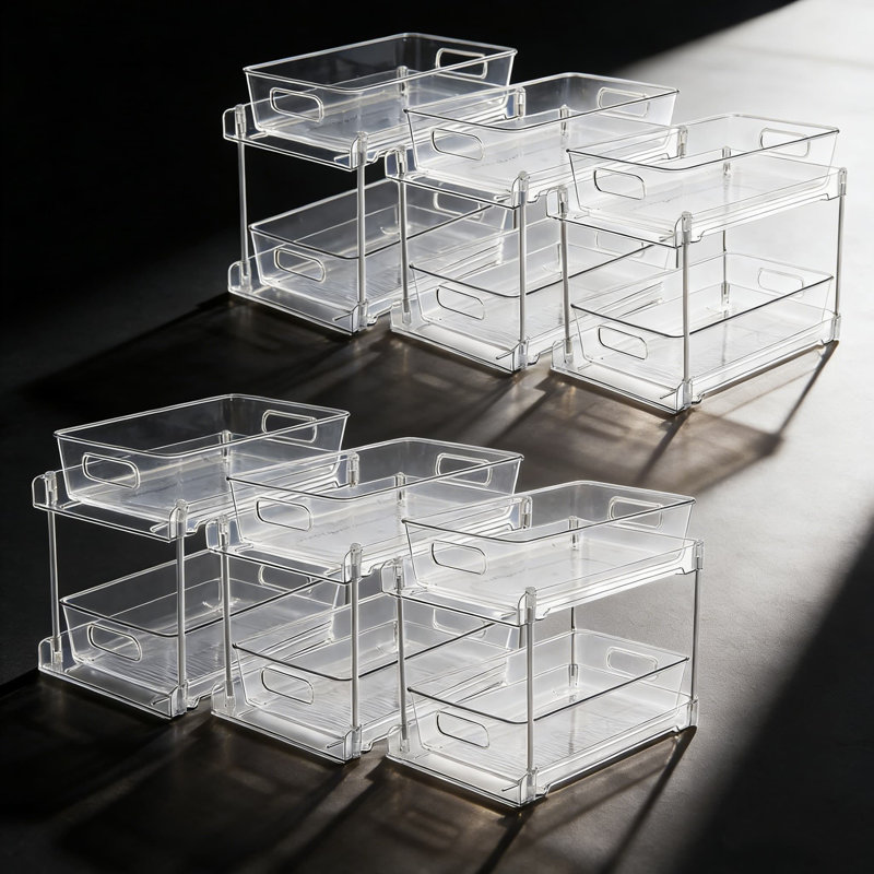 Ensemble de 6 boîtes de rangement coulissantes transparentes, 2 niveaux de rangement sous l'évier avec tiroirs coulissants pour meuble-lavabo, armoire de cuisine, garde-manger et comptoir