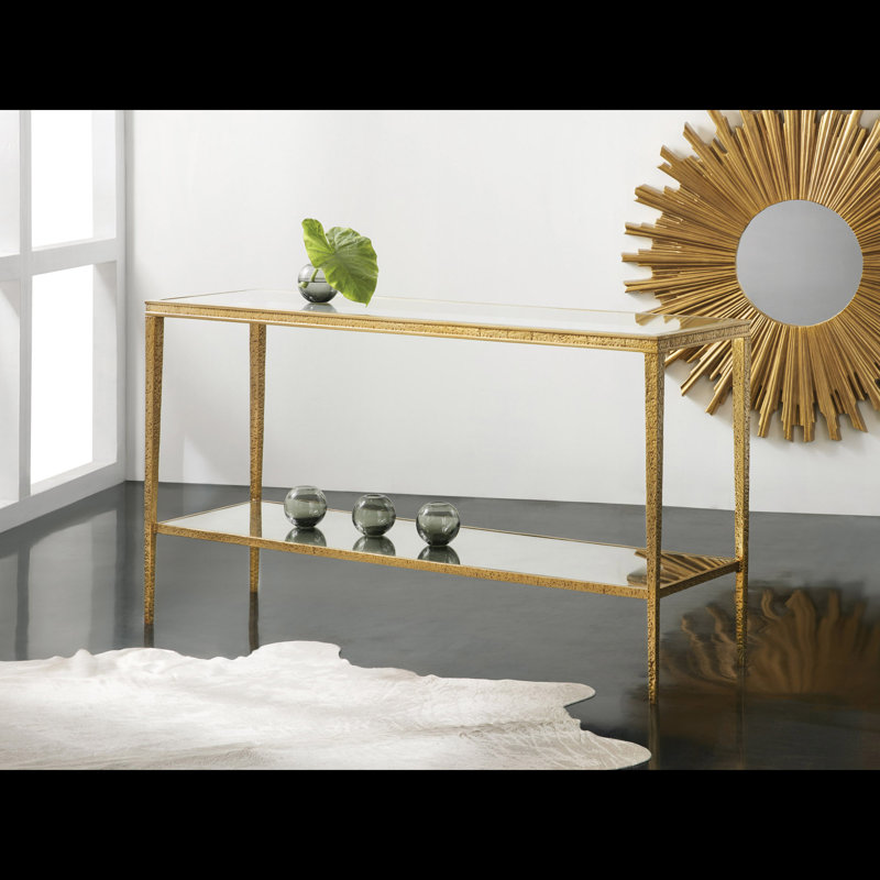 60'' W Glass Console Table, Antique Brass