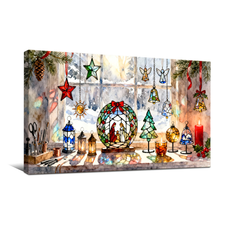 Décorations de fenêtre de Noël avec ornements en verre coloré, H 20 po x l 40 po