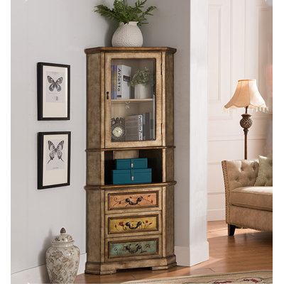 Armoire de coin en bois massif vieilli avec tablette ouverte et tiroirs de rangement