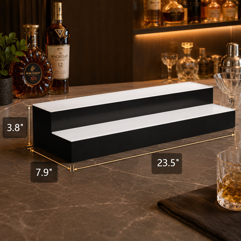Présentoir à bouteilles de vin à double niveau de 60 cm (23,5 po) de hauteur, éclairage DEL, organisateur en acrylique alimenté par USB avec télécommande RF et application, 9 couleurs statiques et minuterie pour bar à domicile